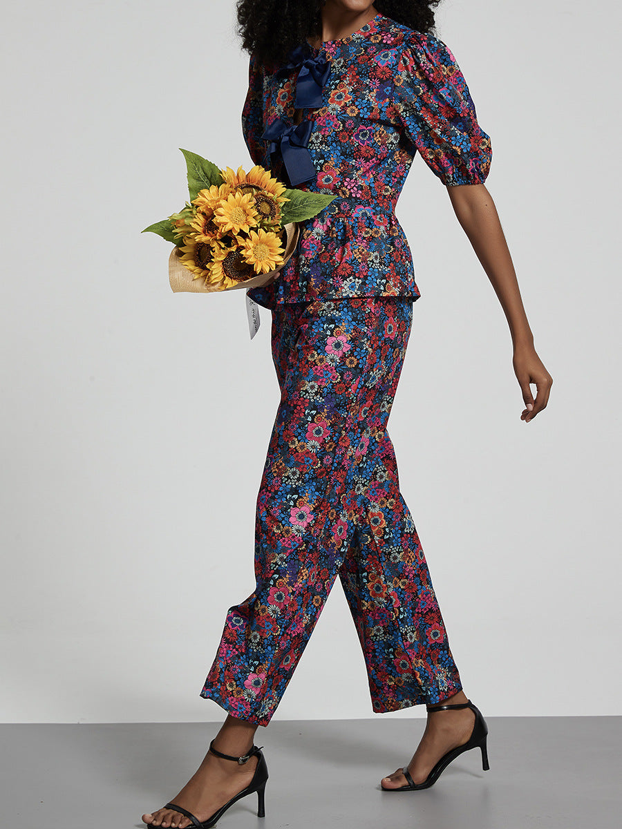 Women Clothing Pastoral Sets Bow Tie Shoulder Floral Puff Sleeve Top Trousers