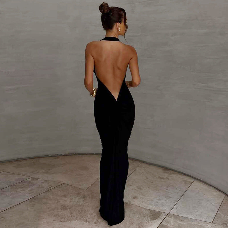 Slim Fit Maxi Dress Summer Solid Color Halter Pleated Sexy Backless Dress