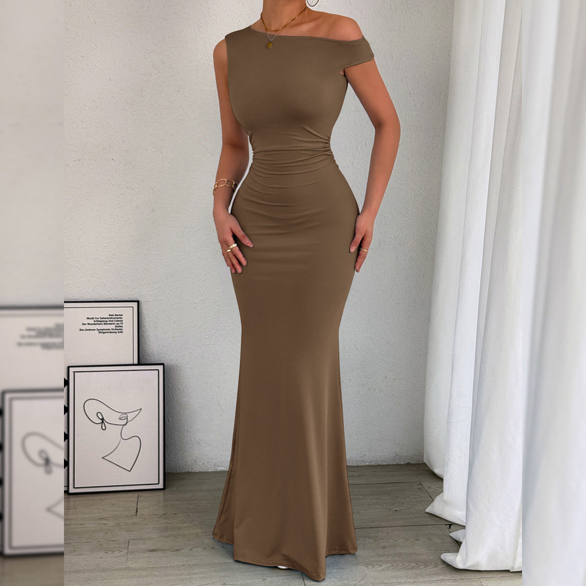 Women Fishtail Dress Slant Shoulder Collar Waist Pleated Sleeveless Sexy Dress