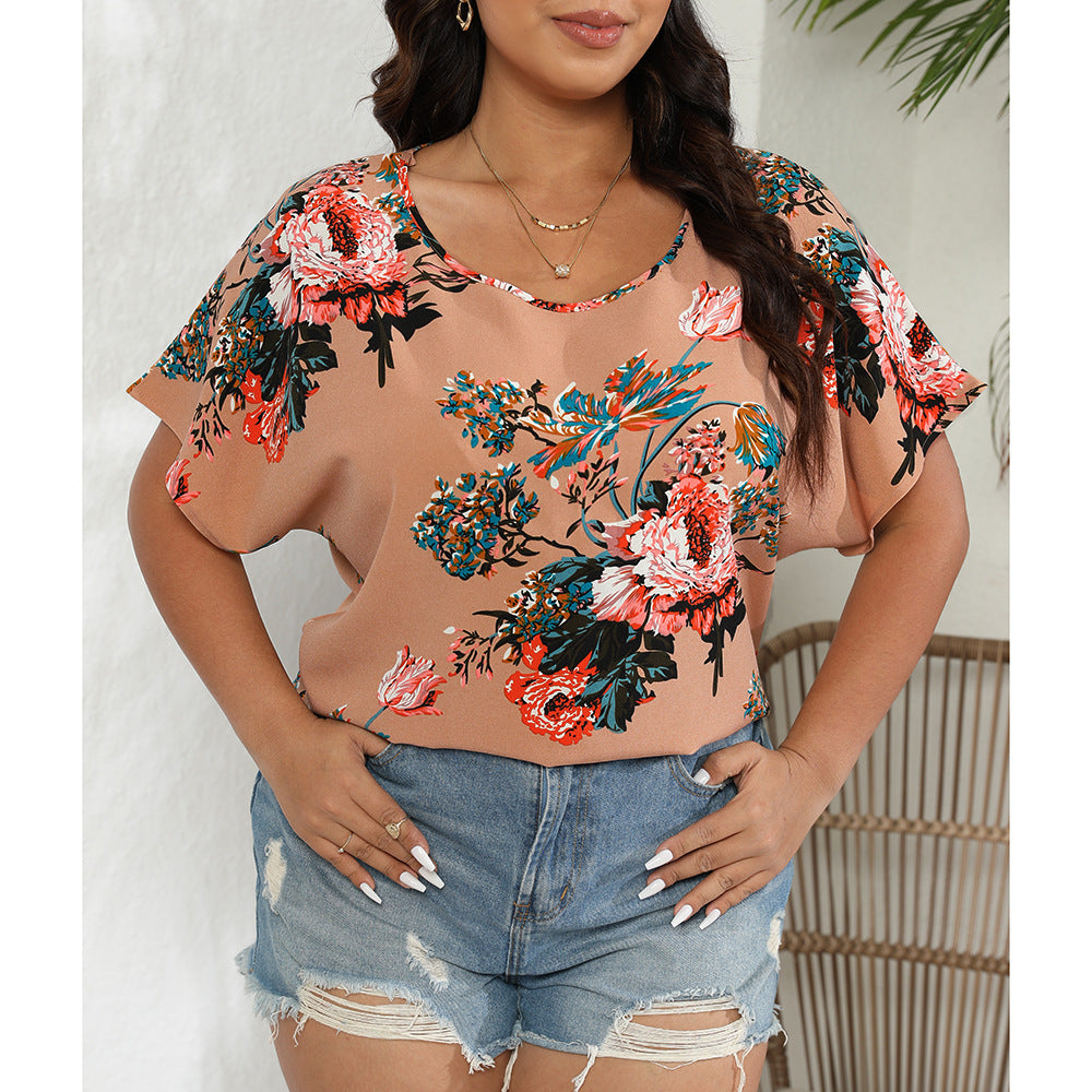 Plus Size Floral Print Round Neck Short Sleeve Chiffon Shirt