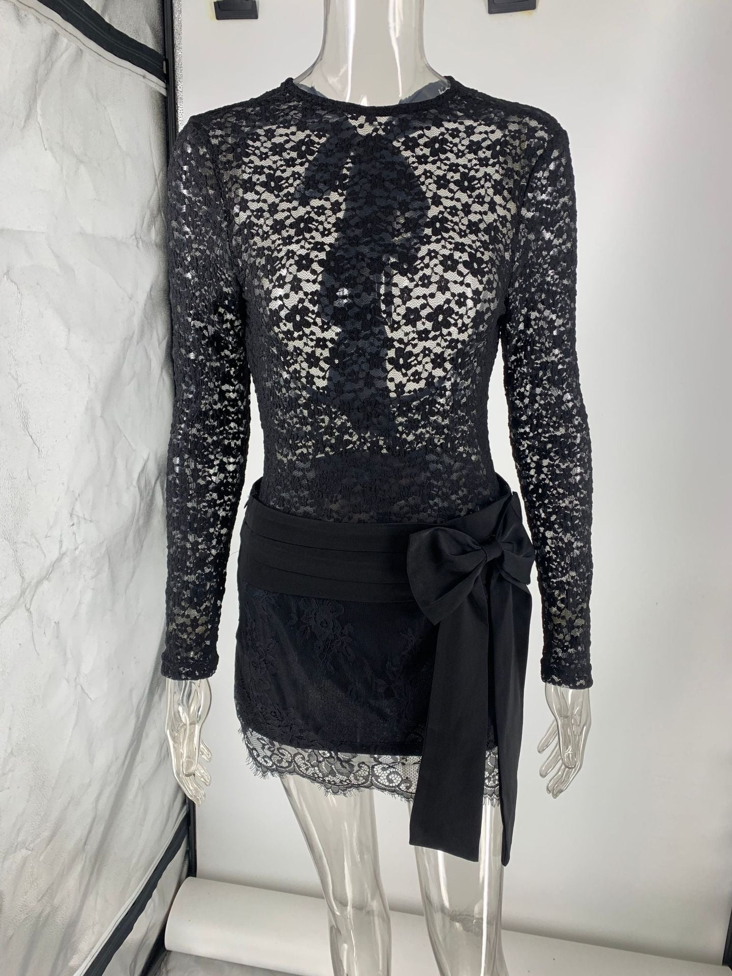 Satin Bow Lace Tights Mini Hip Skirt Two Piece Sets Women