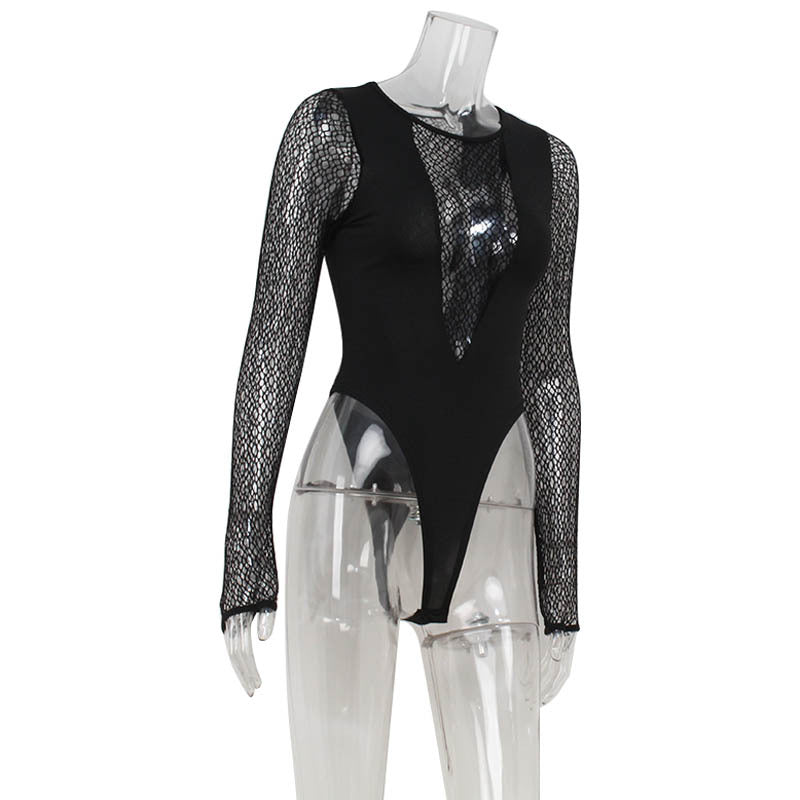 Cross Super Sexy Hollow Out Cutout Mesh Slim Fit Patchwork Long Sleeve Finger Stall Sexy Women High Waist Jumpsuit