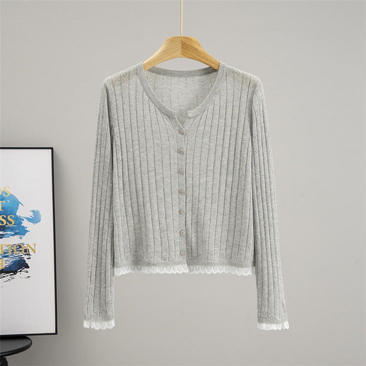 Hollow Out Cutout out Crocheted Lace Knitted Cardigan Women Summer Thin Slub Linen Sun Protection Shirt Top