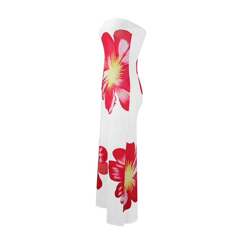 Summer Women Casual Tube Top Printed Long Vacation Dress