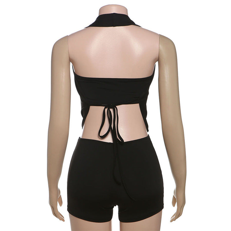Summer Women Sexy Tube Top Halter Deep V Plunge neck Backless Lace up Jumpsuit Set Women