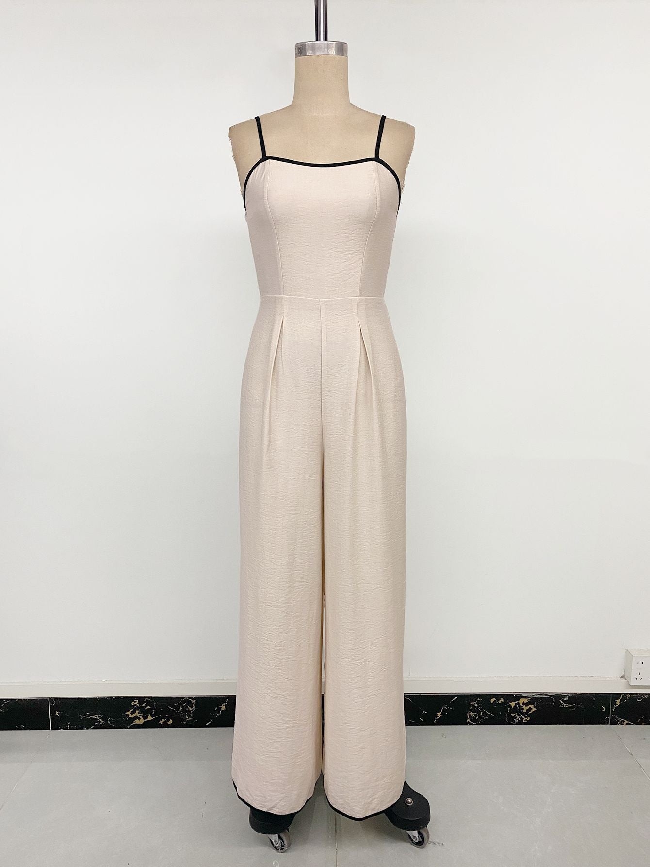Simple Vacation Color Matching Sling Wide Leg Fitted Waist Jumpsuit