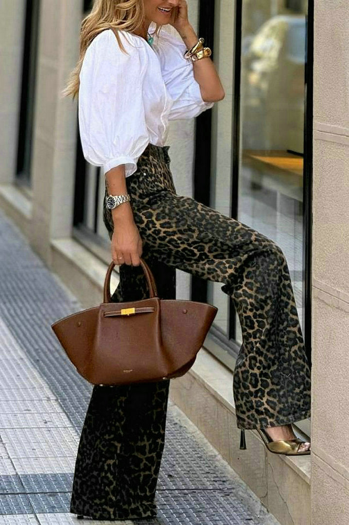 V neck Puff Sleeve White Shirt High Waist Retro Leopard Print Wide Leg Pants Two Piece Sets