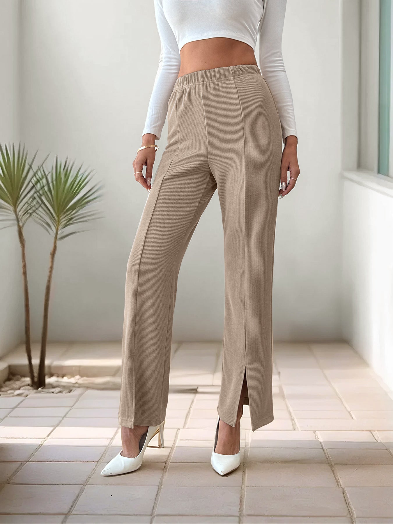 Autumn Office Casual Simple Loose High Waist Slit Solid Color Straight Leg Pants Women