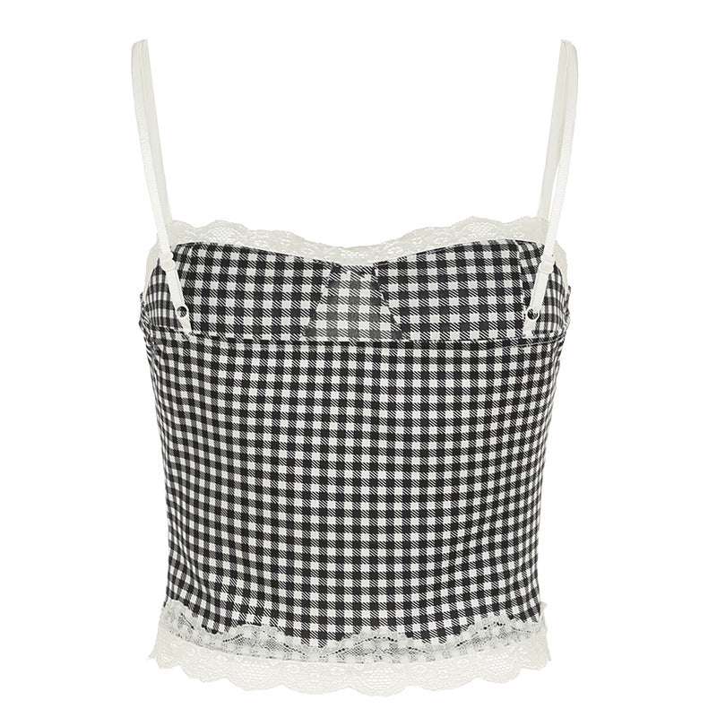 Spring Summer Women Clothing Plaid Stitching Lace Sling Bell Bottom Pants Street Two Piece Set
