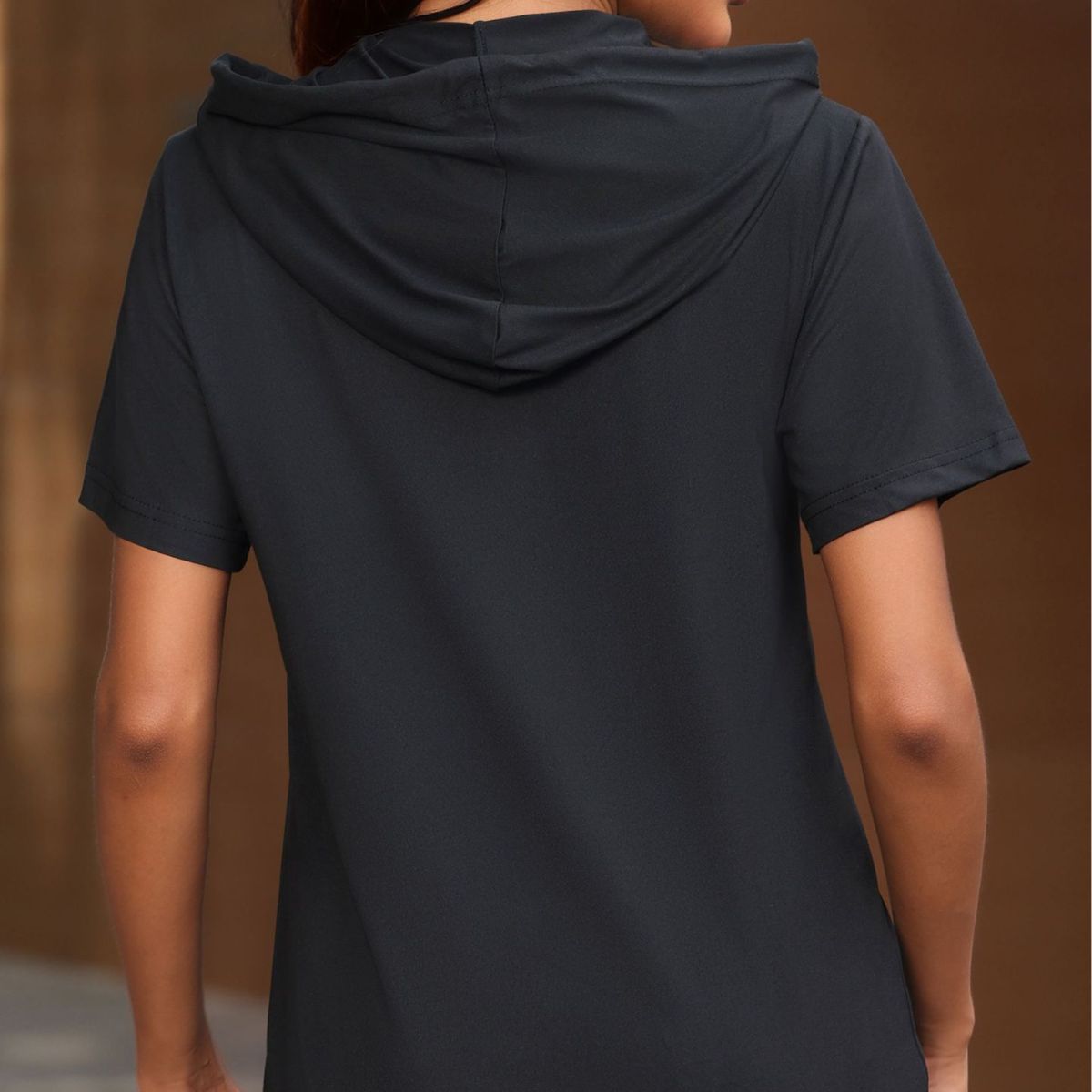 Solid Color Women Short Sleeved T shirt Hooded Drawstring Anti Casual Loose Top