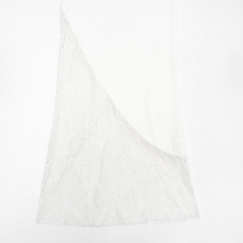 Retro White Lace Wood Grain Gentle Splicing Sling Dress in Time