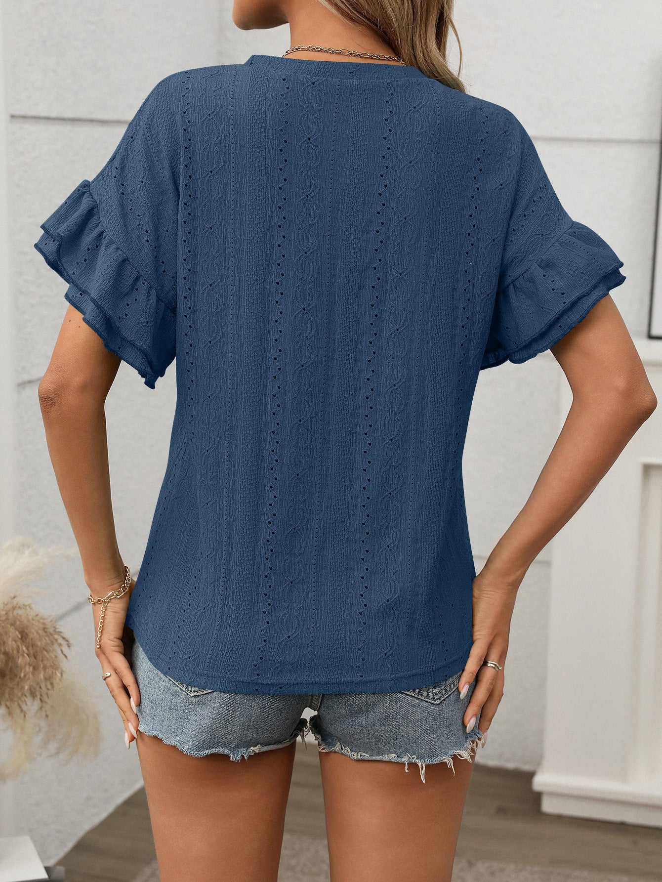 Women Clothing Summer Solid Color round Neck Ruffle Sleeve Short Sleeve T shirt Top
