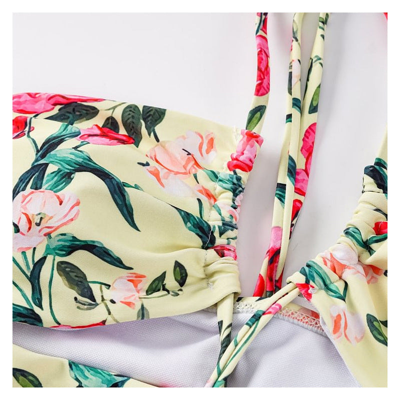 Vintage Floral Strap Hollow Out Cutout out Swimsuit Women Dress