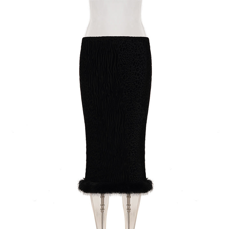 Sexy Flocking Wool Tops Lace up Cardigan Leopard Print Skirt Women Fur Stitching Two Piece Sets