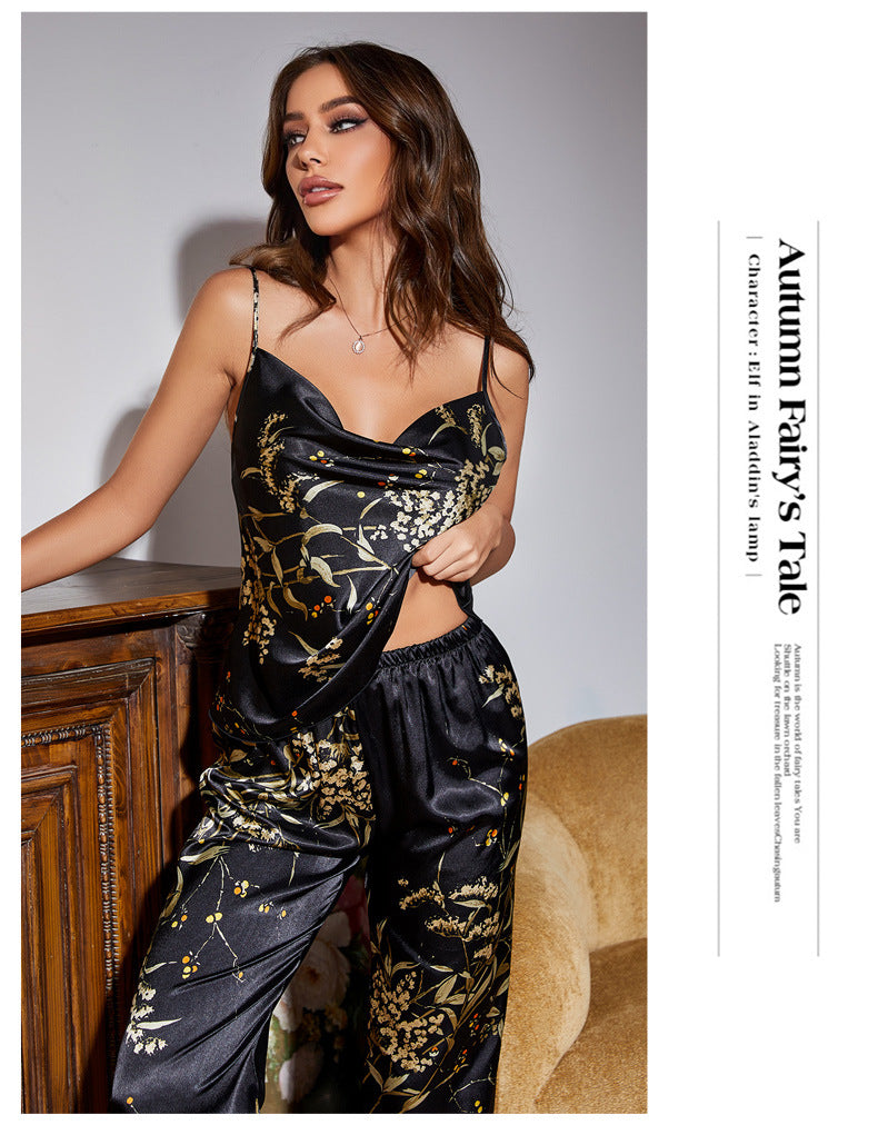 Print Pajamas Suit Spring Summer Strap Trousers Two Piece Summer Thin Ice Silk Home Wear Women