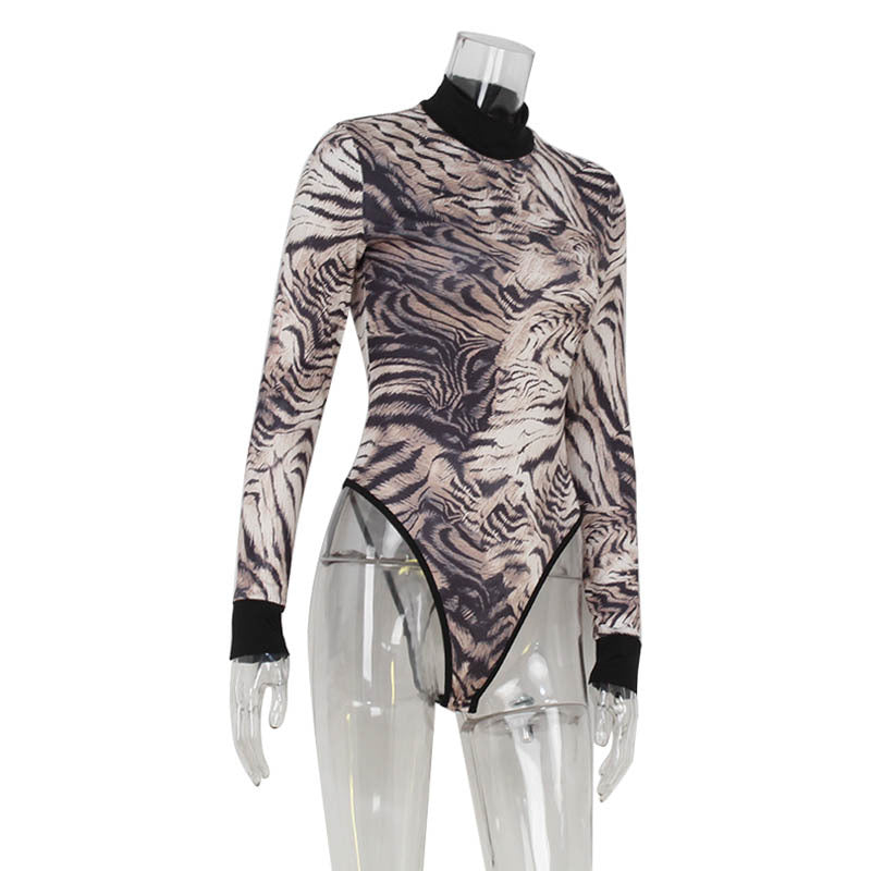 Autumn Winter Zebra Print Half High Collar Long Sleeves Jumpsuit Tight Bottoming Shirt Women