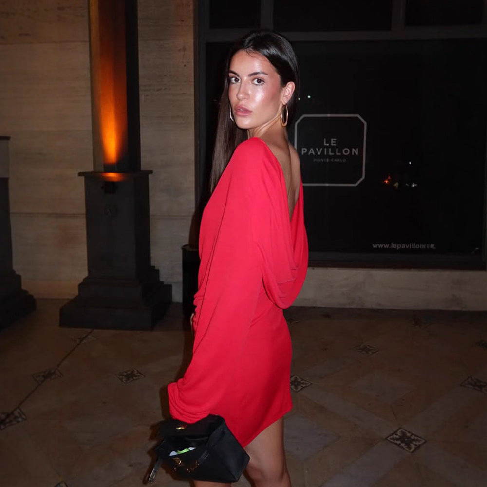 Red Women V Shaped Backless Elegant Socialite Solid Color Slim Dress Women
