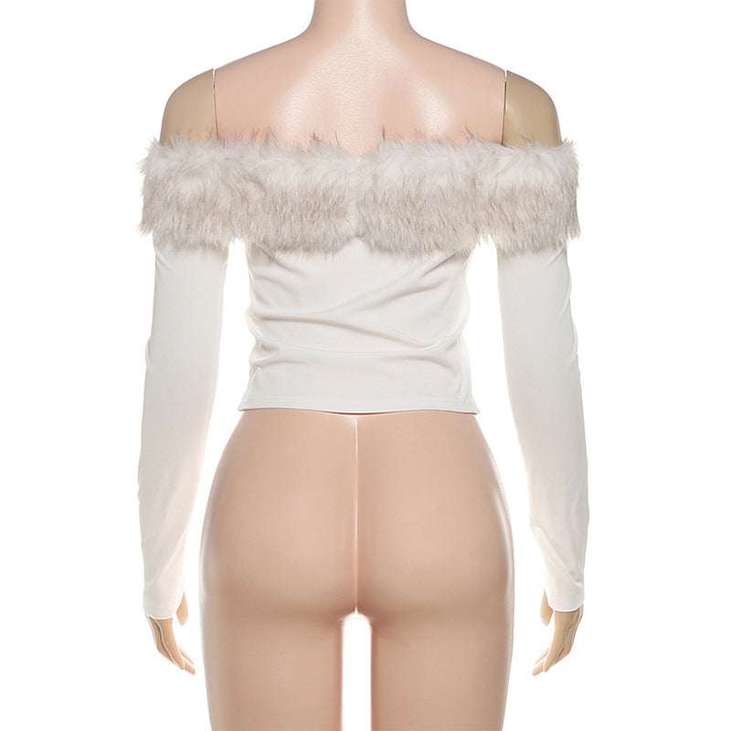 Autumn Winter Slim Fit Cropped off Neck Fur Stitching Color Contrast Long Sleeve T shirt Top