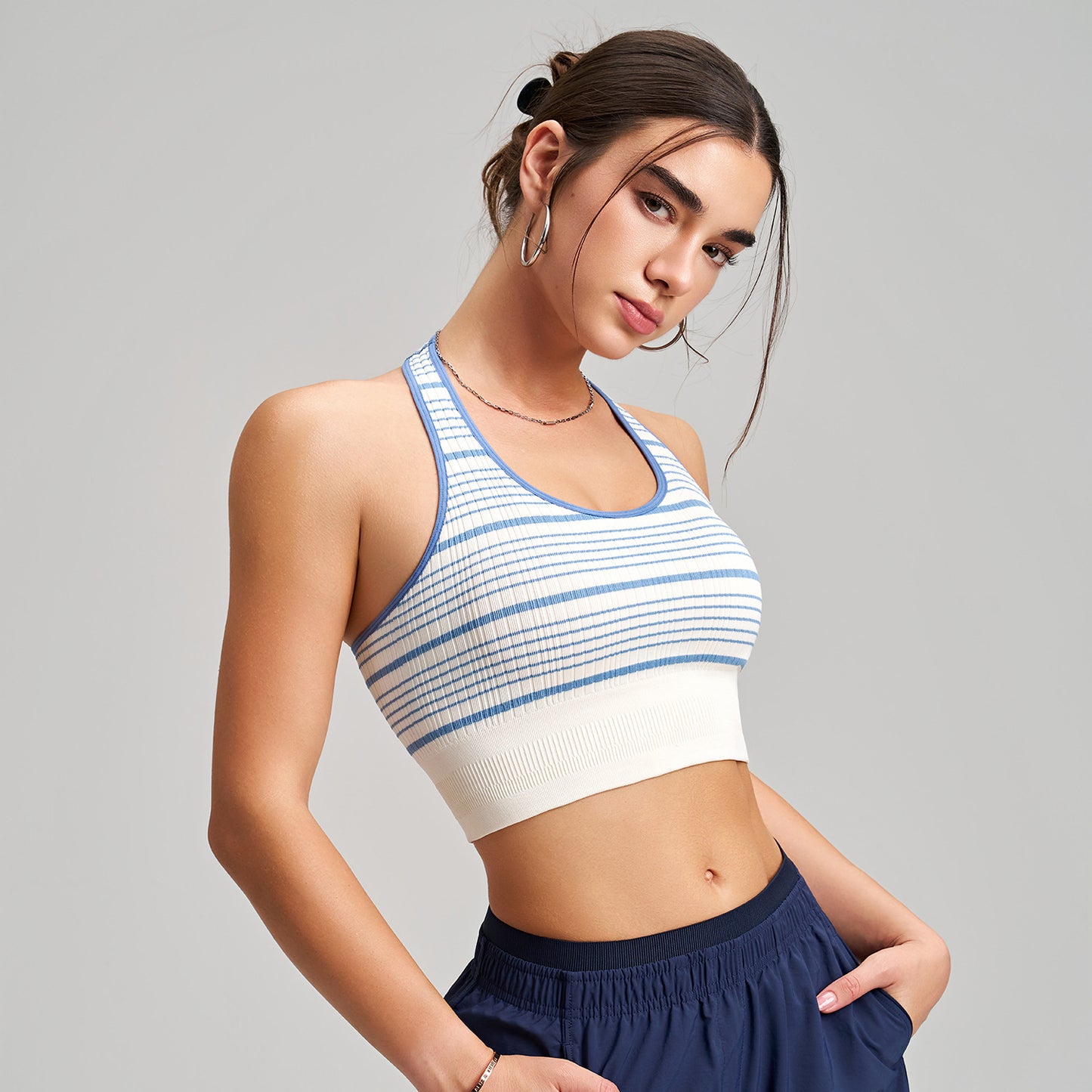 Halter Sports Underwear Contrast Color Striped Vest Women with Chest Pad Fitness Quick Drying Short Breathable Yoga Vest Bra