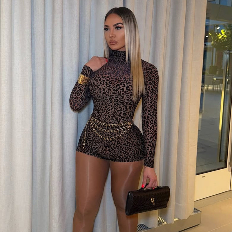 Summer Women Clothes Sexy Half Turtleneck Leopard Print Slim Slimming Sheath Jumpsuit