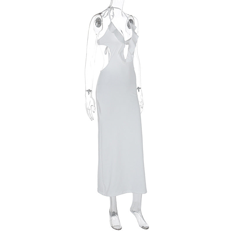 Women Clothing Summer Sexy Close Fitting Slim Fitting Solid Color Halter Sling Dress
