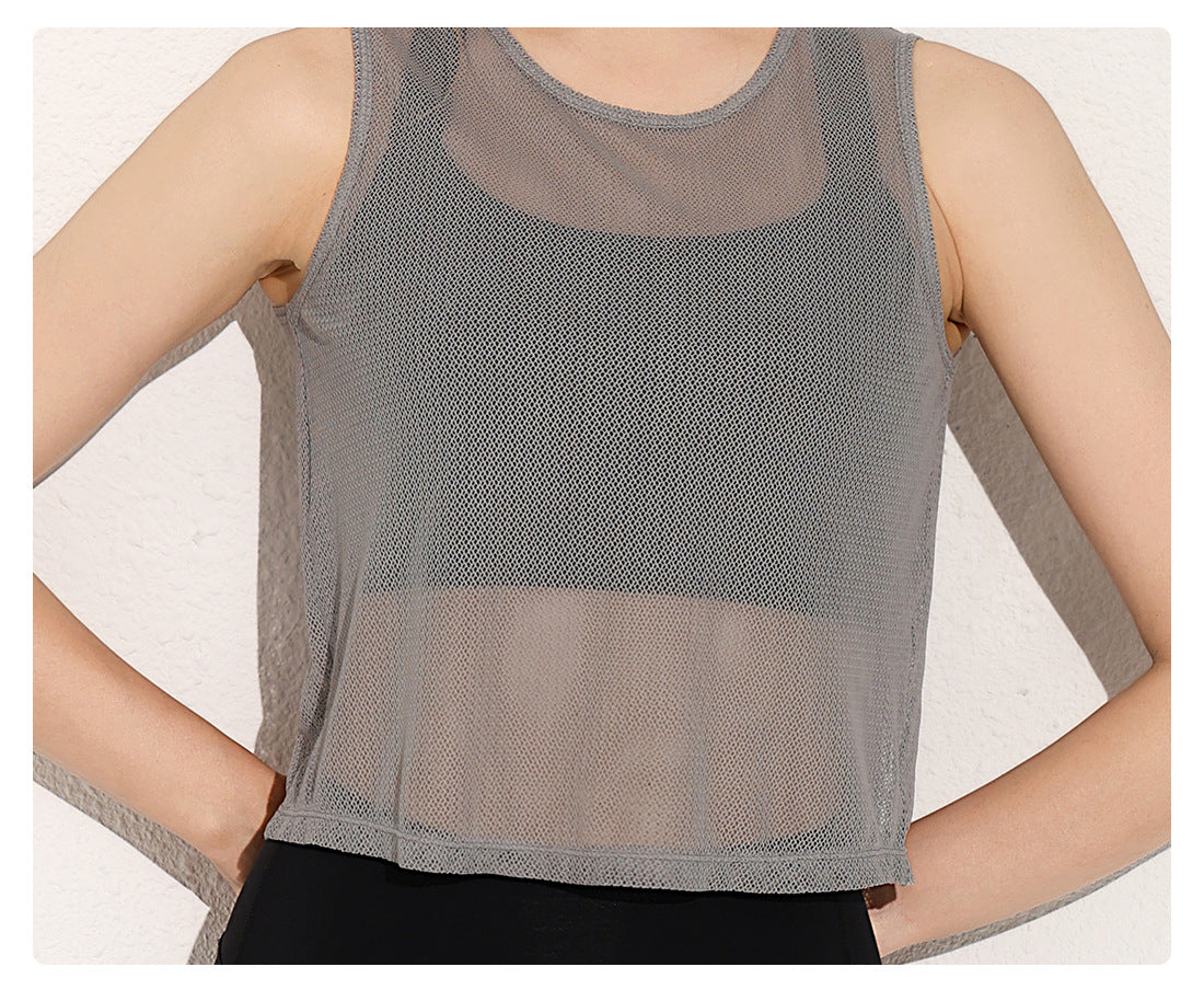 Summer Thin Mesh Yoga Clothing Top Blouse Women Sleeveless Vest Quick Drying Breathable Workout Top Bandage Dress