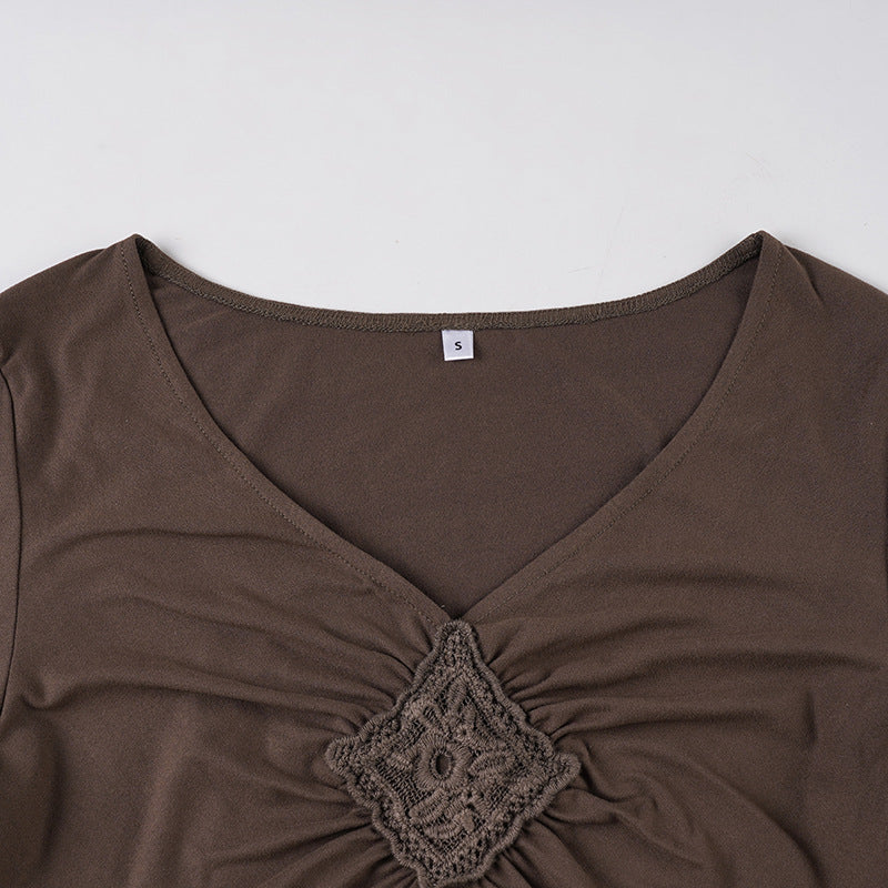 Retro Solid Color V neck Design Long Sleeve T shirt Women Irregular Asymmetric Pleated Slim Fit Slimming Top