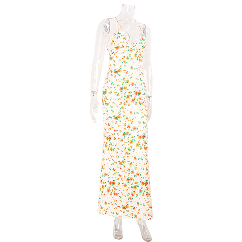 Spring Summer Waist Slimming Elegant Floral Strap Dress Deep V Plunge Vacation