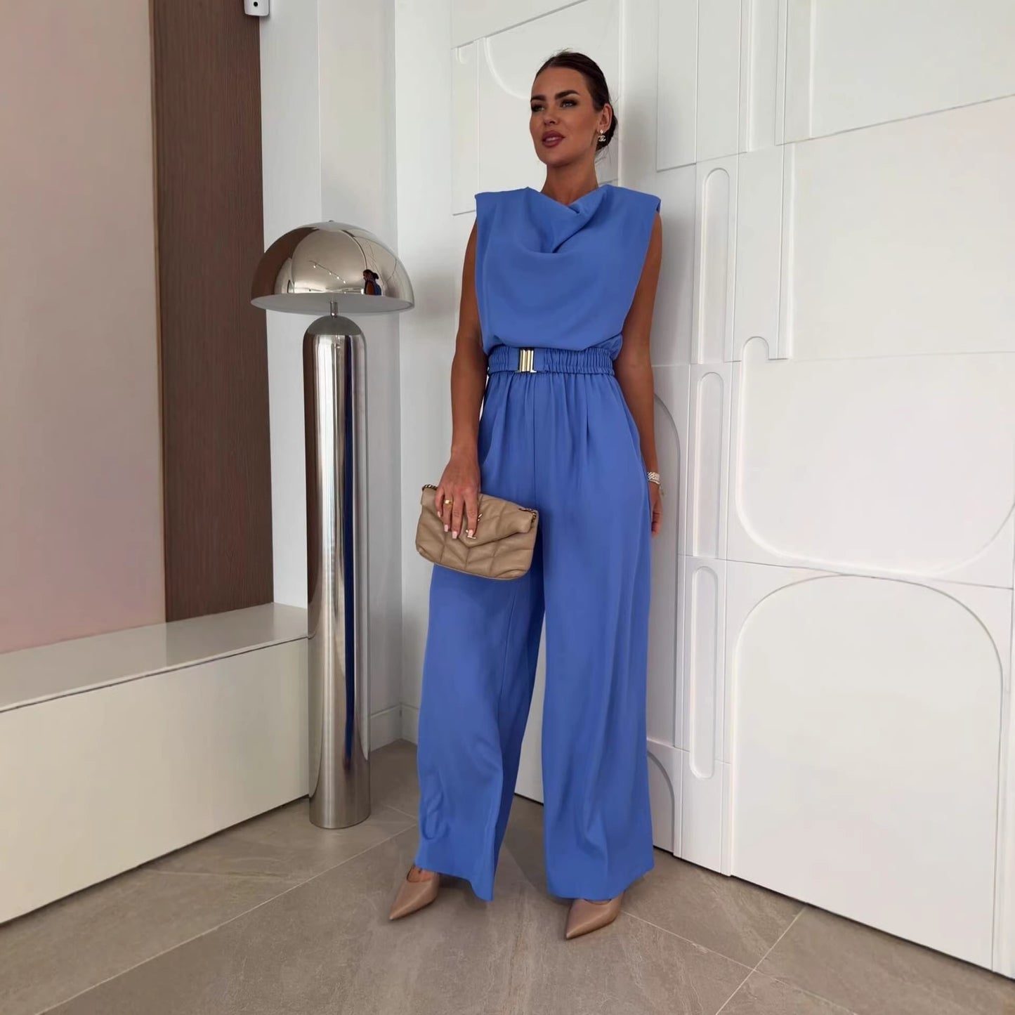 Summer Women Sleeveless Office Waist Wide Leg Jumpsuit