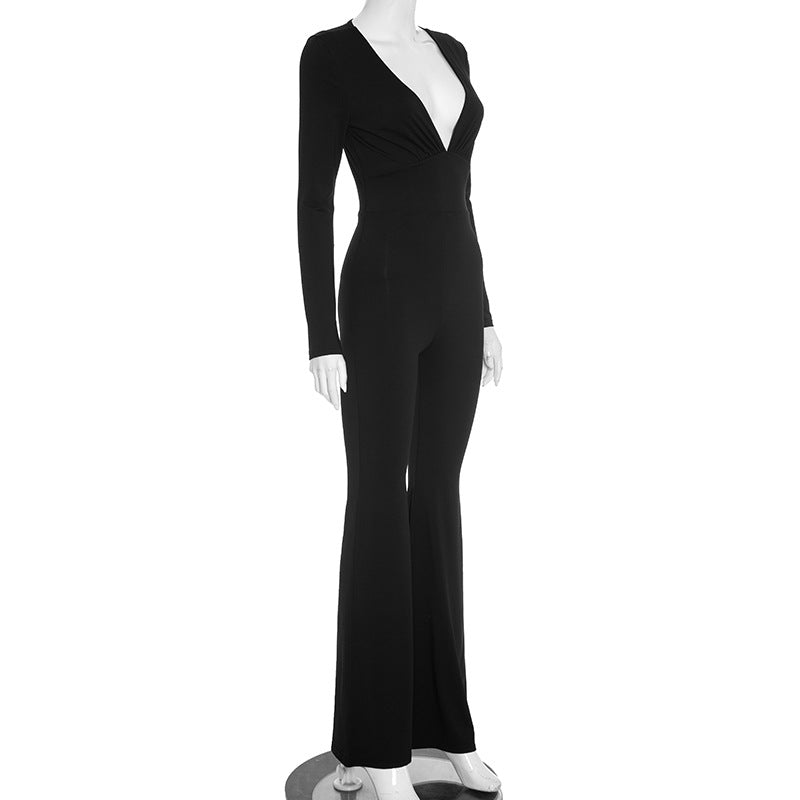 Women Autumn Solid Color Elegant Slim Deep V Plunge Long Sleeve Horn Long Conjoined Trousers