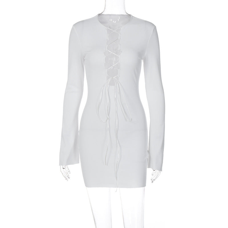 Fall Women Chest Lace up Sexy Low Cut Solid Color Round Neck Long Sleeve Narrow Dress