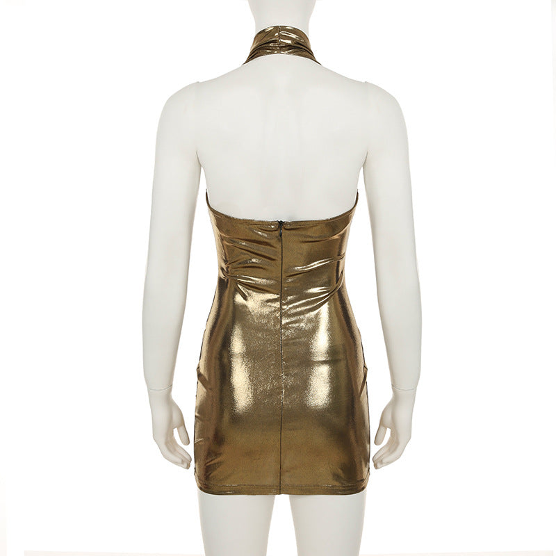 Metallic Glossy Features Swing Collar Sleeveless Halter Dress Backless Sheath Sexy Dress
