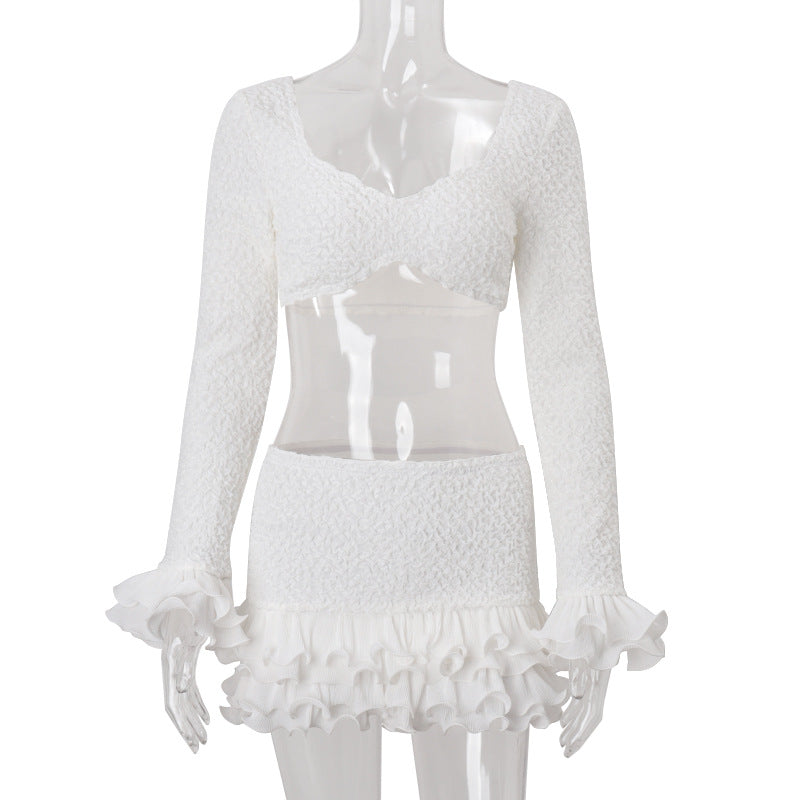 Women Clothing Autumn Sexy Gathered Wrapped Chest Long Sleeve Top Wooden Ear Skirt Two Piece Sets