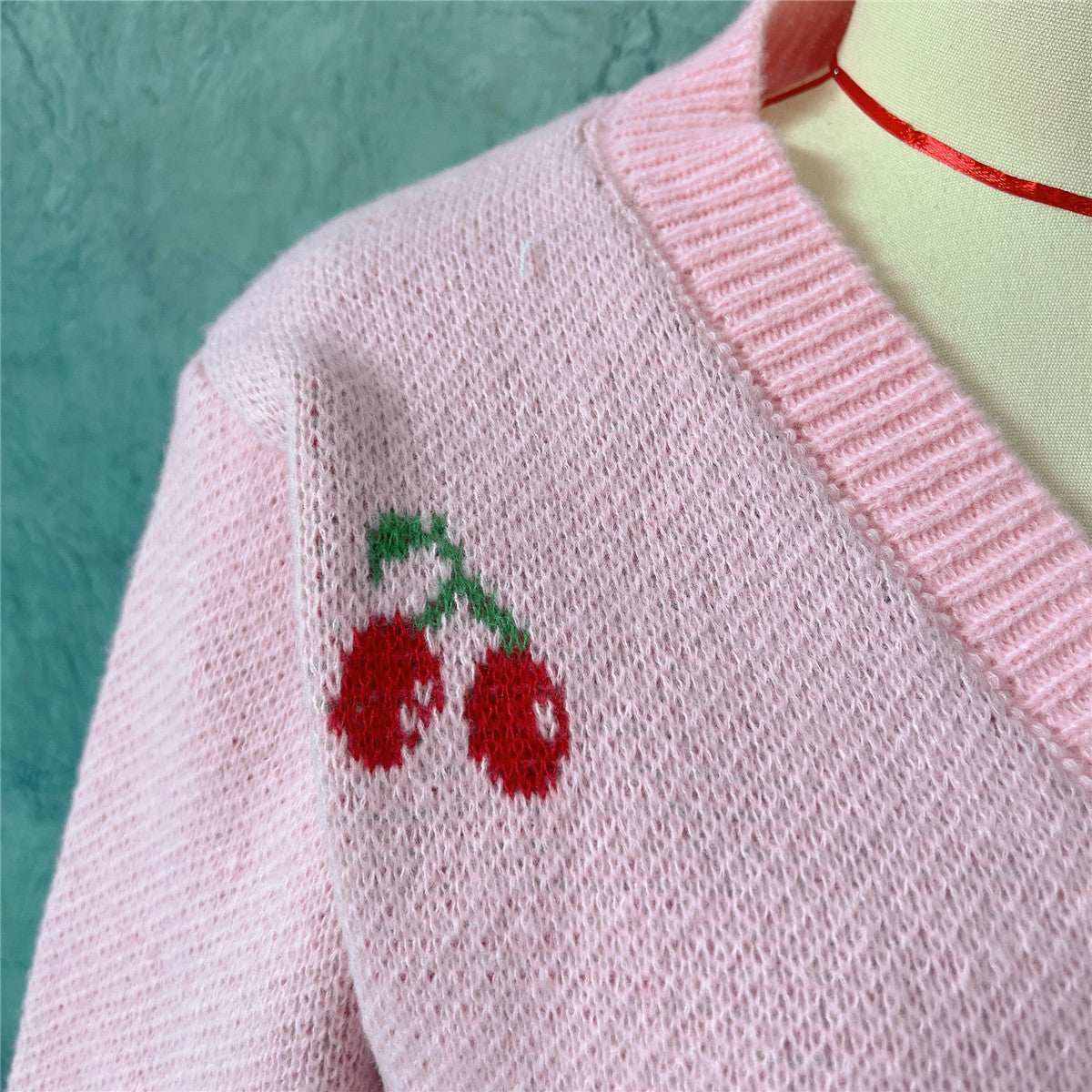 Autumn Winter Small Coat Single-Breasted Long Sleeve Short Sweater Cardigan for Women Sweet Cute Cherry Pattern