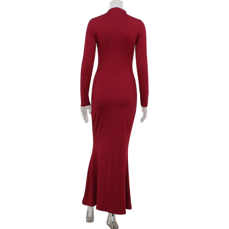 Fall Women Clothing Long Sleeve Slim Fit Solid Color Simple Fishtail Hip Base Dress