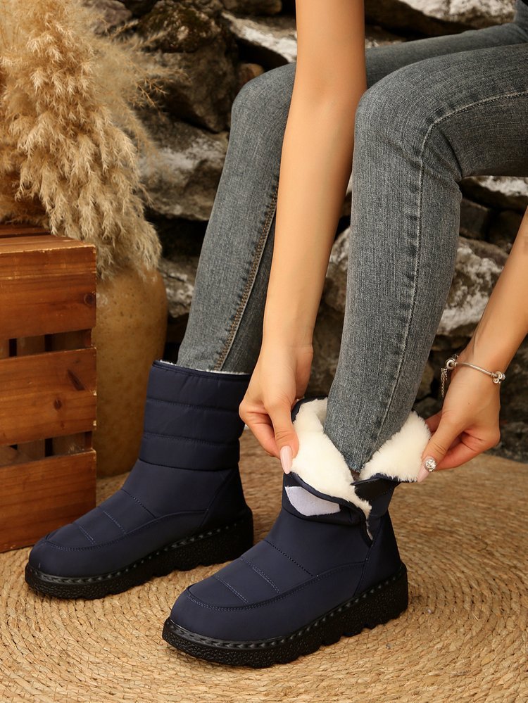 Winter Fleece Lined Warm Slugged Bottom Snow Boots Women Velcro down Cloth Mid Calf Cotton Shoes
