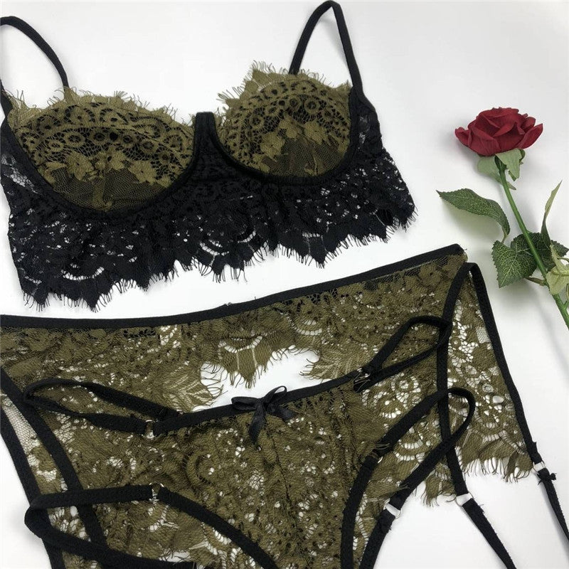 Popular Sexy Lingerie Set Lace Stitching Sexy Three Piece Lace Underwear