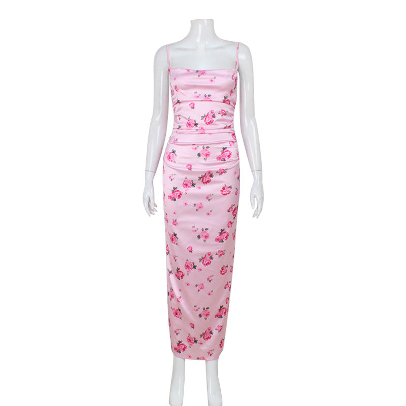 Summer French Sexy Swing Collar Gentle Pink Floral Print Slim Strap Dress Long