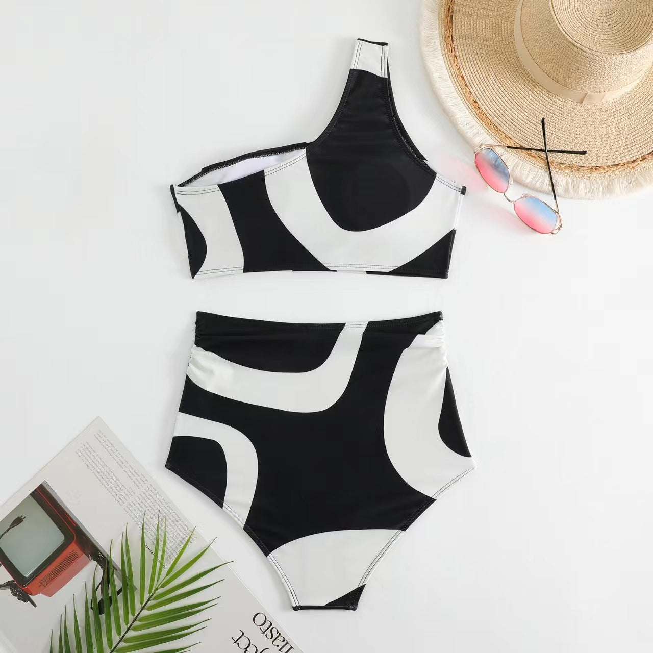 Retro Split Swimsuit Sexy One Shoulder Swimwear Chiffon Beach Skirt Set