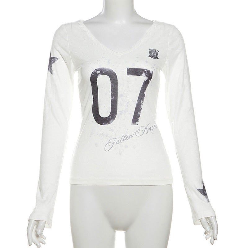 Autumn Sexy See through Slim Fit V neck Printed Long Sleeved T shirt Top Women Clothing
