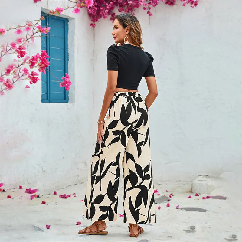 Leaf Printed Casual Pants Wide Leg Pants Short Sleeve Spring Summer Two Piece Set Tight Cropped T shirt Blouse Pants