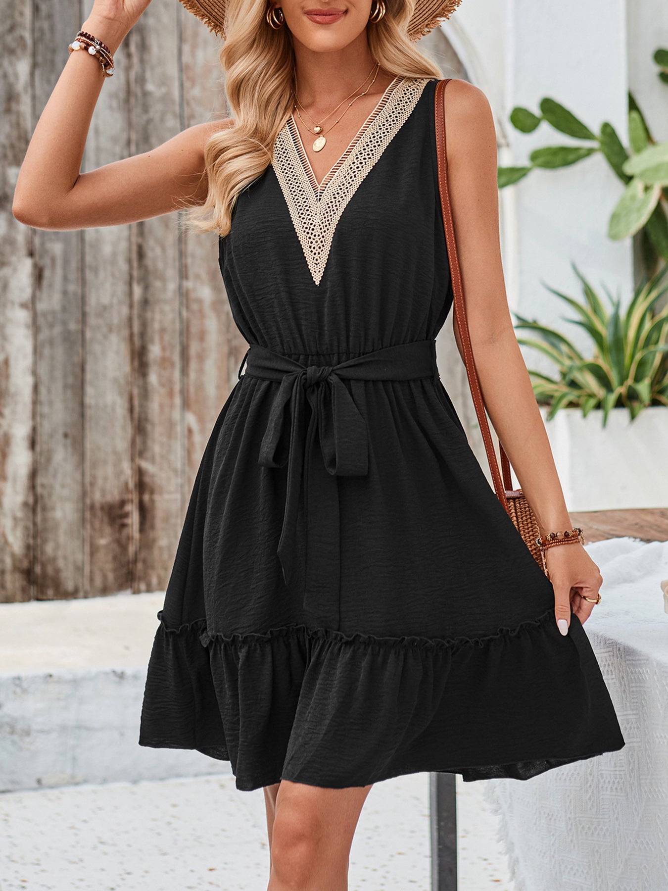Summer Lace V neck Bubble Lace up Dress Women