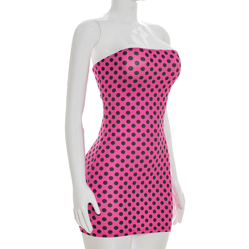 Women Clothing Summer Sexy Polka Dot Print Tube Top Sleeveless Skinny Sheath Short Dress
