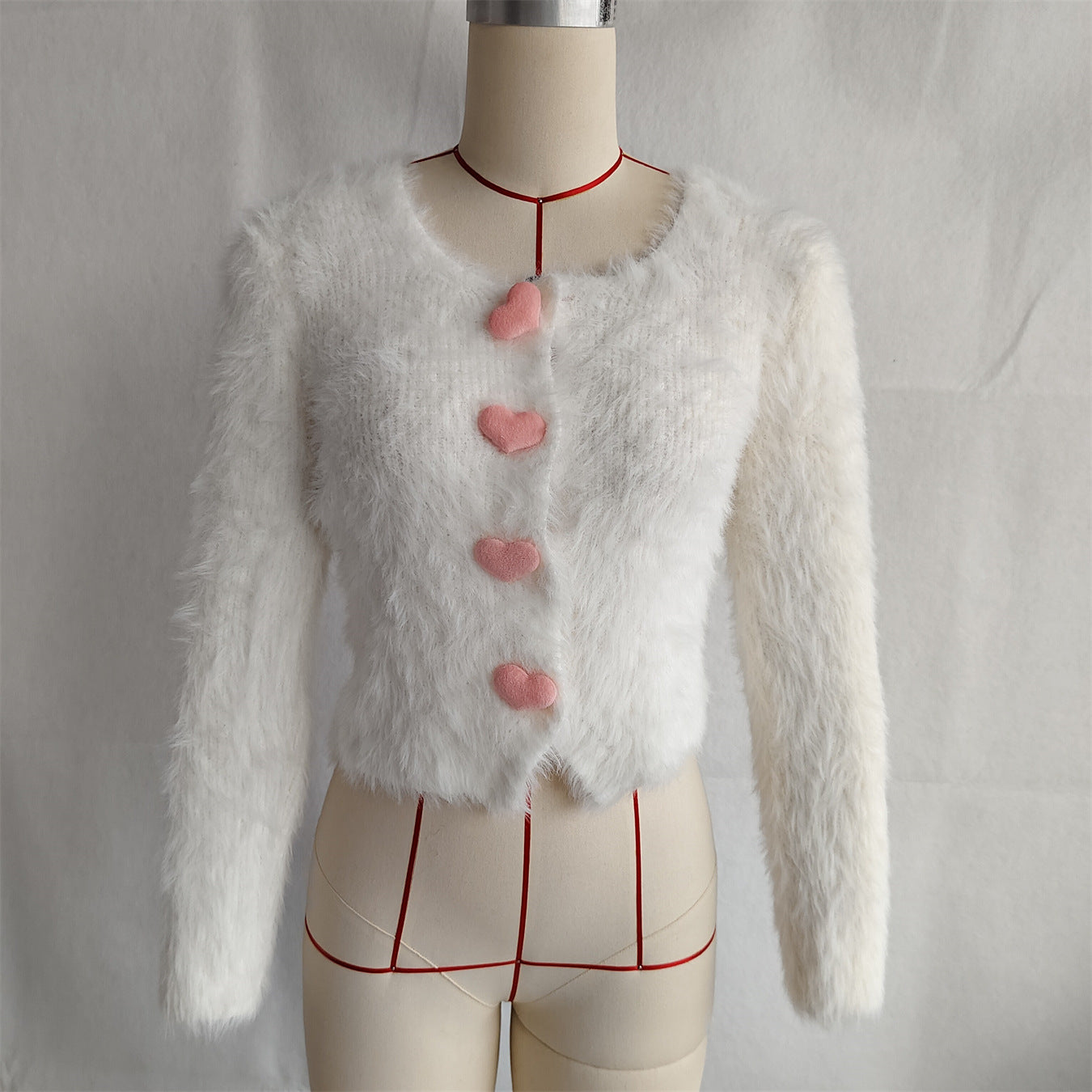 Autumn Winter Office Cute Love Button Solid Color Mink like Knitted Cardigan Sweater