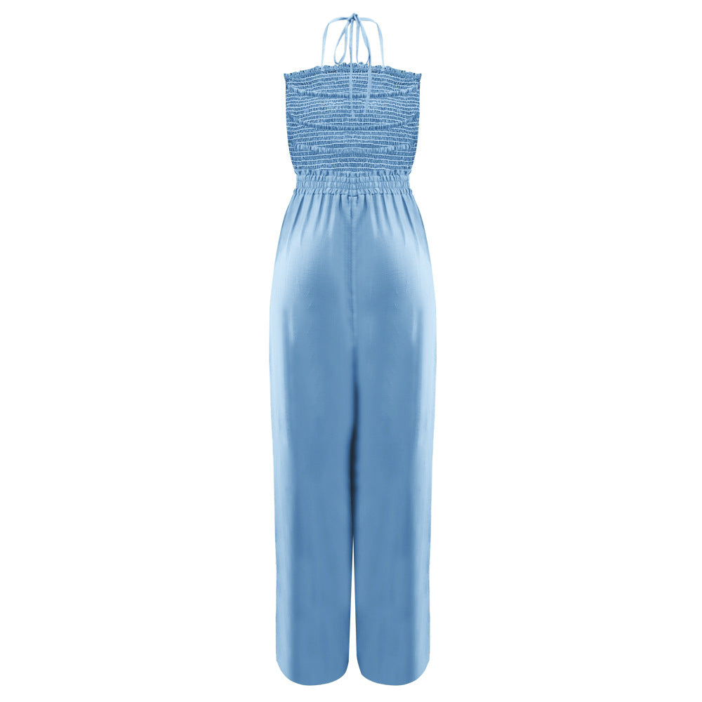 Lace up Fashionable Bandeau Sexy Backless Elastic Waist Loose Straight Jumpsuit
