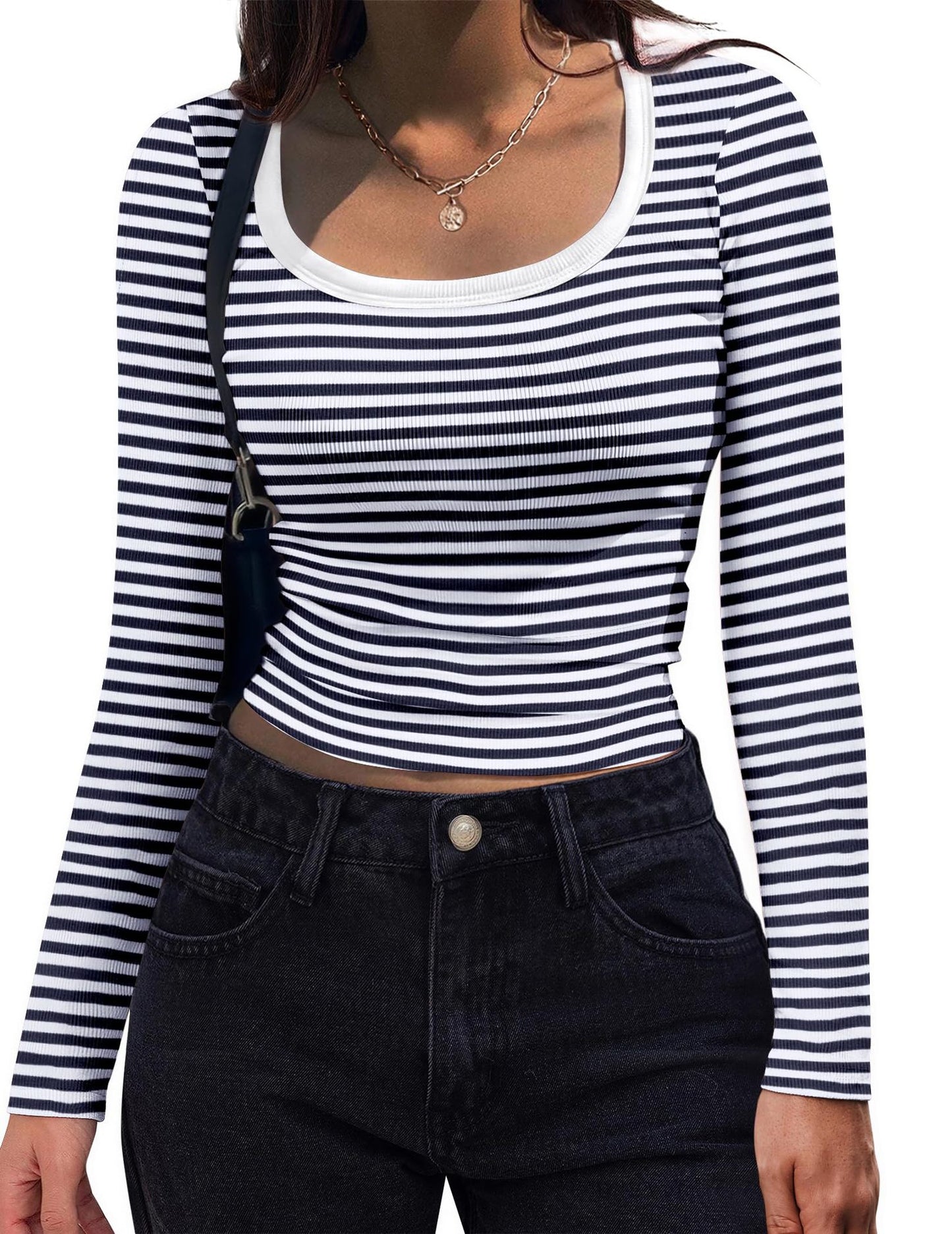 Women Wear Top Striped Slim U Neck Sexy Long Sleeve