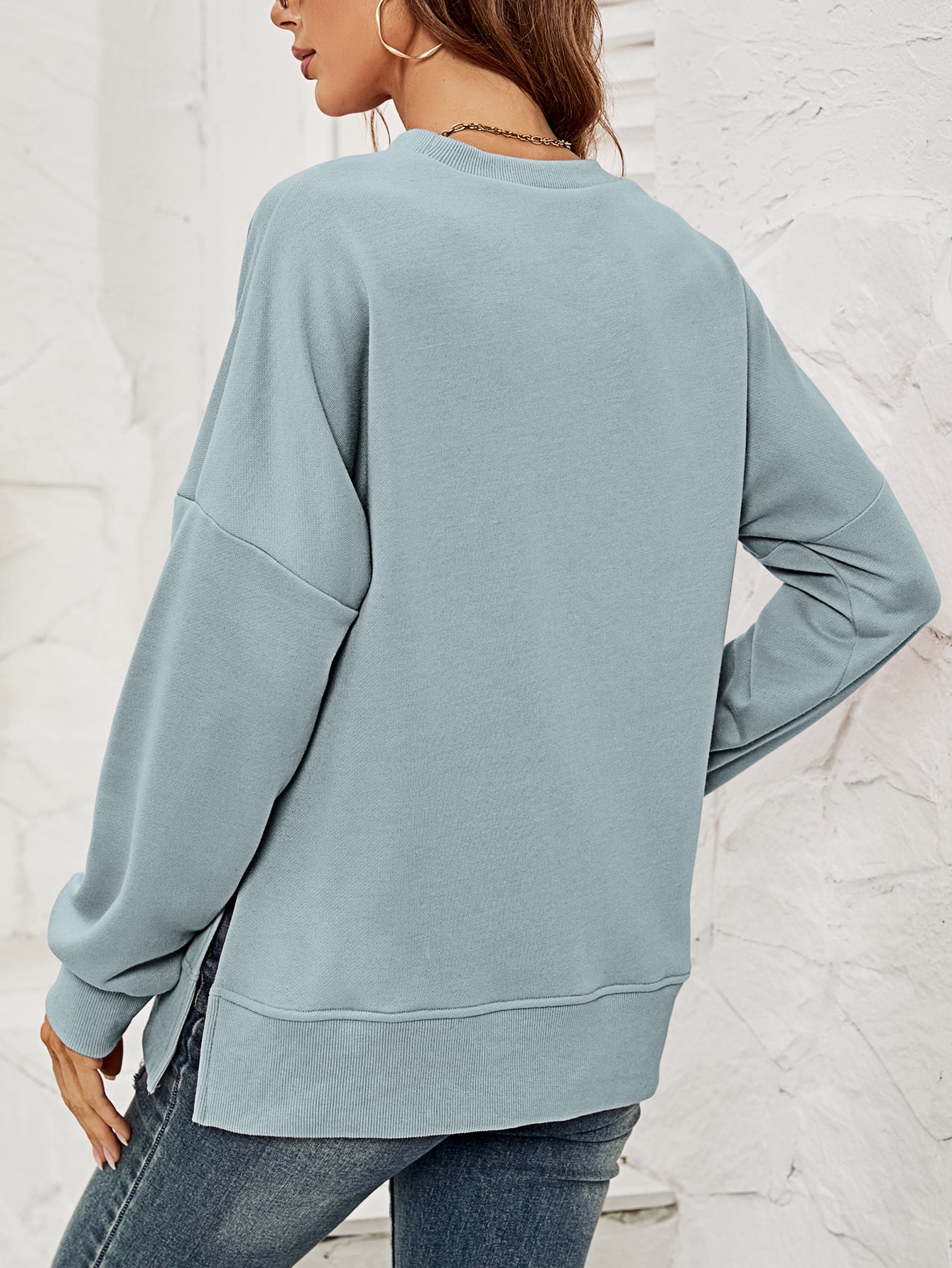 Women Clothing Autumn Winter Sweatshirt round Neck Long Sleeve Split Pullover for Women