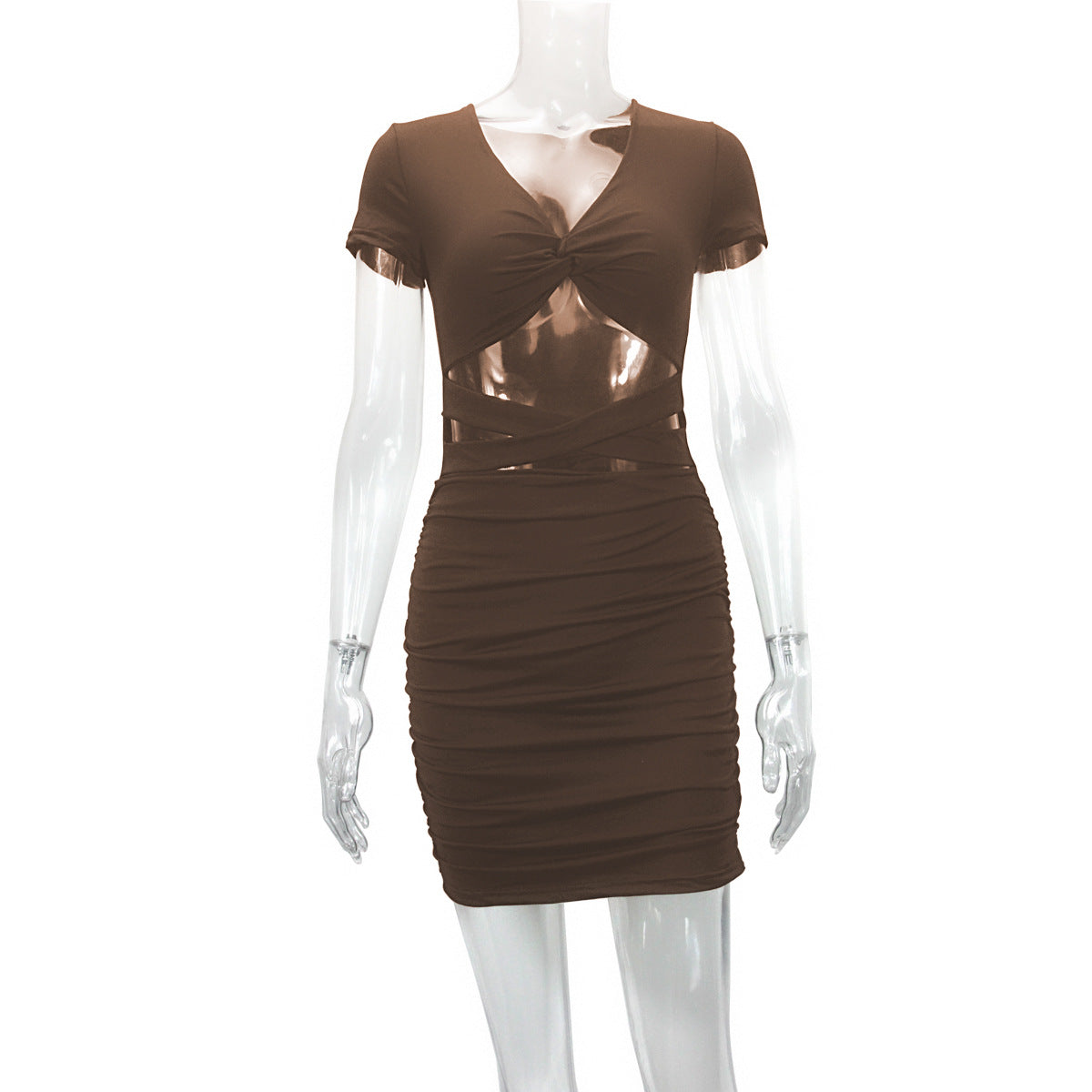 Autumn Winter Women Hip Dress Sexy V Neck Hollow Out Cutout Ties Pleated Dress