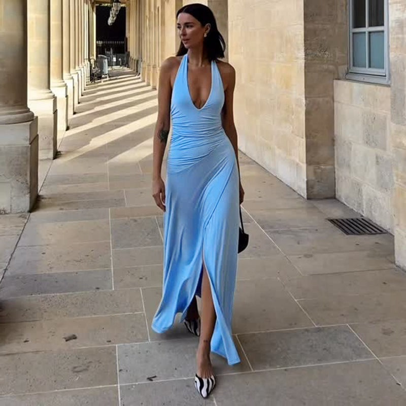 Women Clothing Sexy V neck Solid Color Sleeveless Halter Lace-up Backless Pleated Waist Tight Slimming Slit Dress