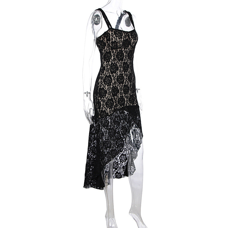Women Clothing Sexy Lace Sling Slim Fit See through Split High Grade Dress Women